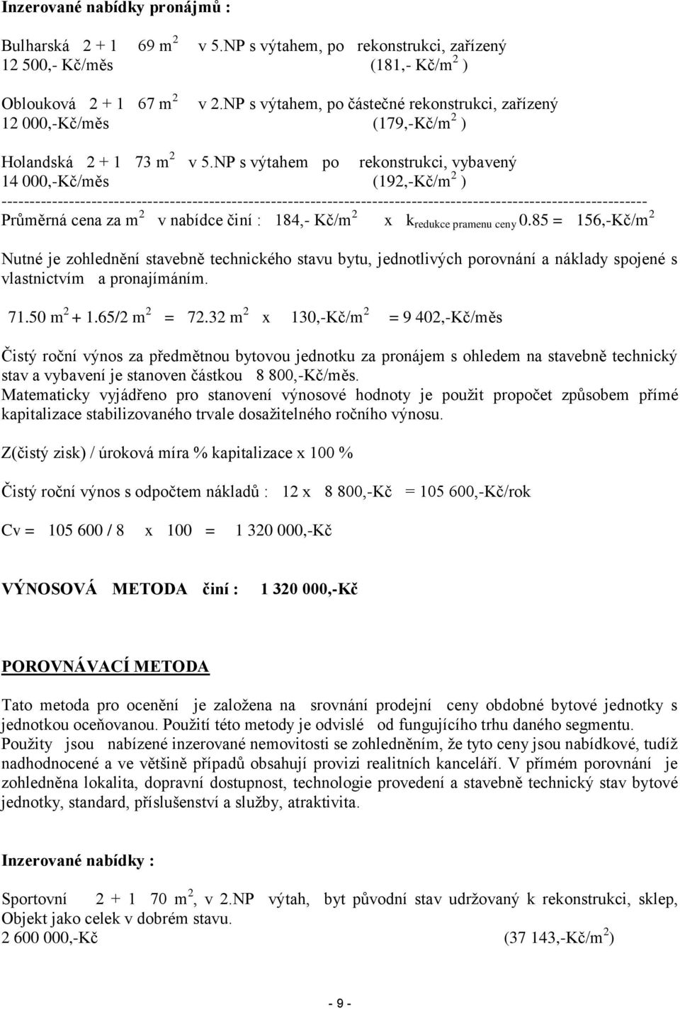 NP s výtahem po rekonstrukci, vybavený 14 000,-Kč/měs (192,-Kč/m 2 ) ------------------------------------------------------------------------------------------------------------------- Průměrná cena