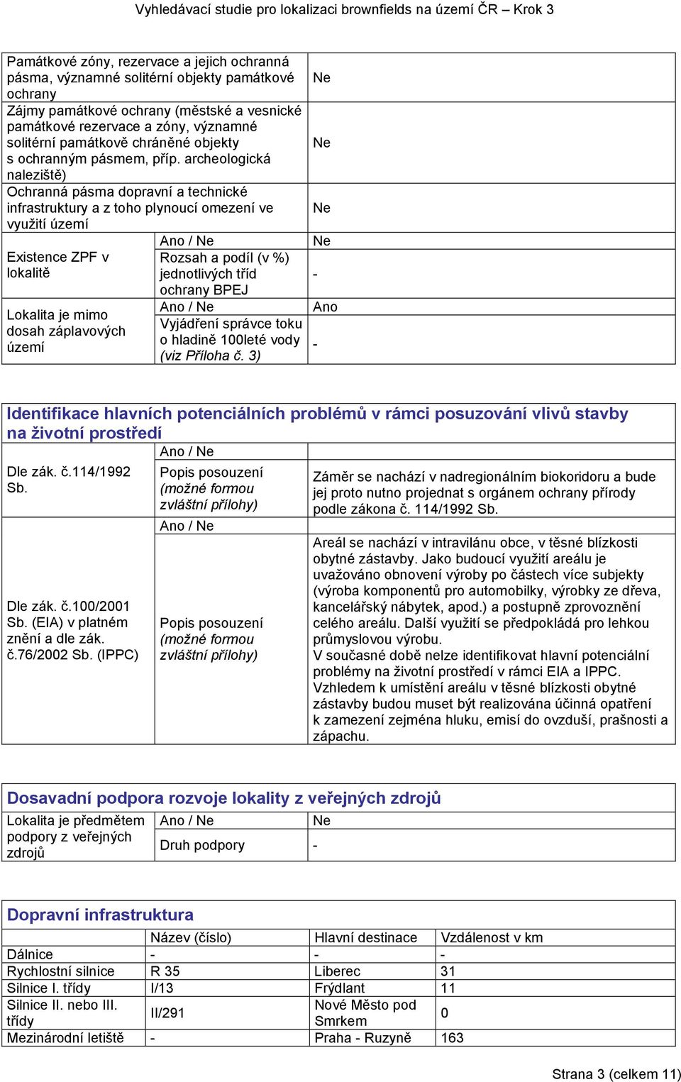 archeologická naleziště) Ochranná pásma dopravní a technické infrastruktury a z toho plynoucí omezení ve využití území Existence ZPF v lokalitě Lokalita je mimo dosah záplavových území Ano / Rozsah a