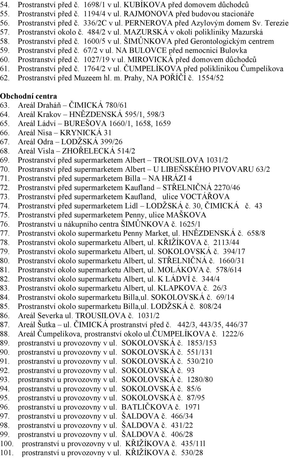 Prostranství před č. 67/2 v ul. NA BULOVCE před nemocnicí Bulovka 60. Prostranství před č. 1027/19 v ul. MIROVICKÁ před domovem důchodců 61. Prostranství před č. 1764/2 v ul.