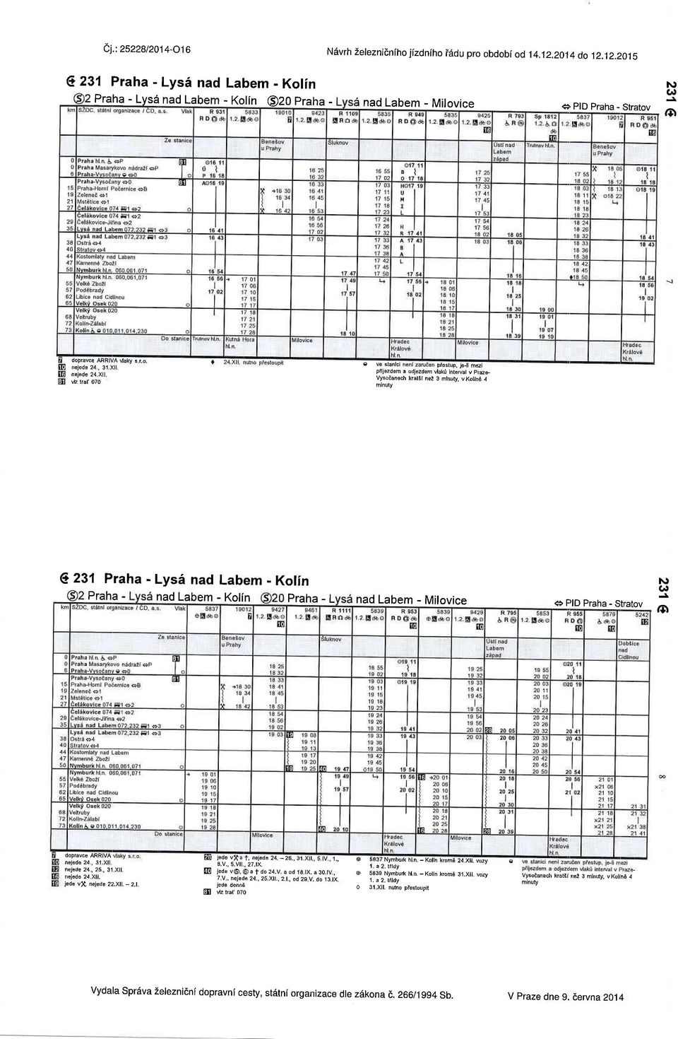12.2015 I231 Praha - Lysi nad Labem - Kolin Praha - Lys6 nad Labem - Kolin O20 praha - i nad Labem - Milovice, PID Praha - Stratov (r, (D dopravce ARRIVA Uaky s Lo, nejede 24, 31 Xll nejede 24 Xll E