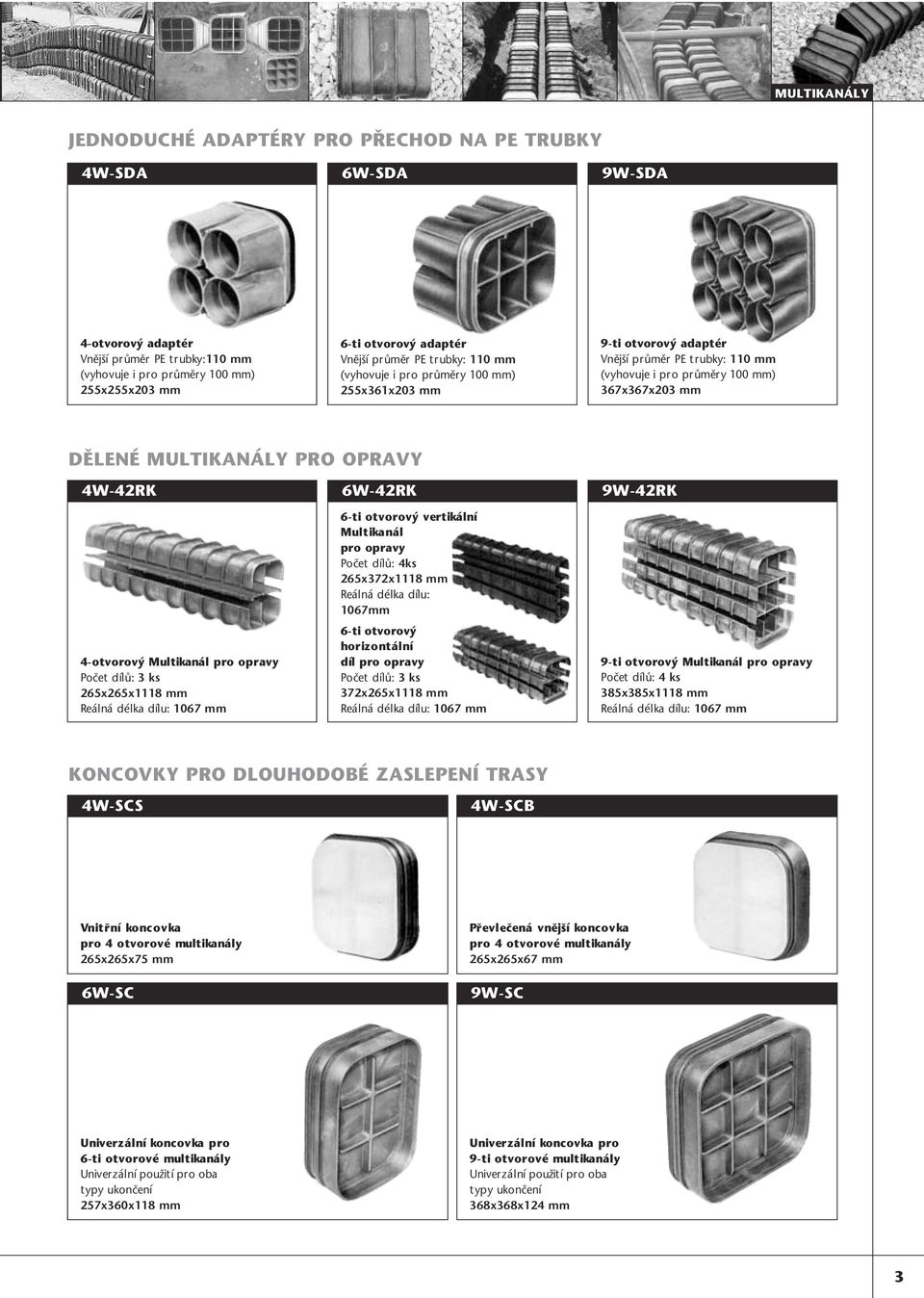 PRO OPRAVY 4W-42RK 4-otvorový Multikanál pro opravy Počet dílů: 3 ks 265x265x1118 mm Reálná délka dílu: 1067 mm 6W-42RK 6-ti otvorový vertikální Multikanál pro opravy Počet dílů: 4ks 265x372x1118 mm