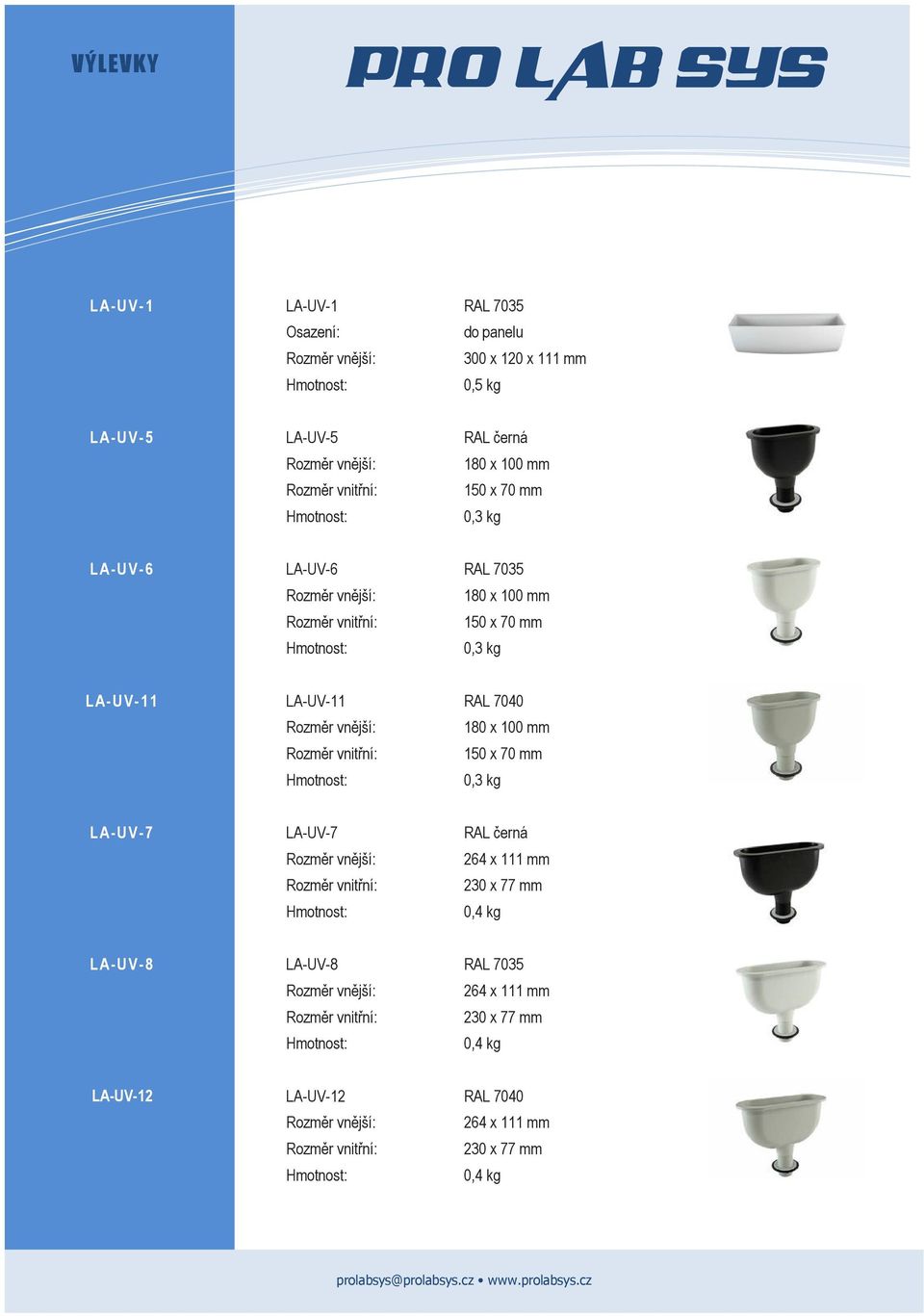 0,3 kg LA-UV-7 LA-UV-7 264 x 111 mm 230 x 77 mm 0,4 kg LA-UV-8 LA-UV-8 RAL 7035 264 x 111 mm 230 x 77 mm 0,4 kg