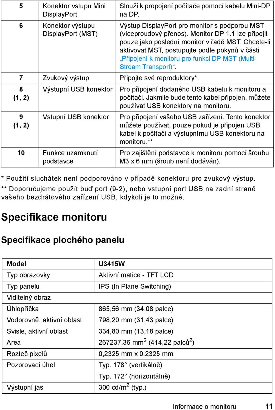 Specifikace monitoru Specifikace plochého panelu Slouží k propojení počítače pomocí kabelu Mini-DP na DP. Výstup DisplayPort pro monitor s podporou MST (víceproudový přenos). Monitor DP 1.