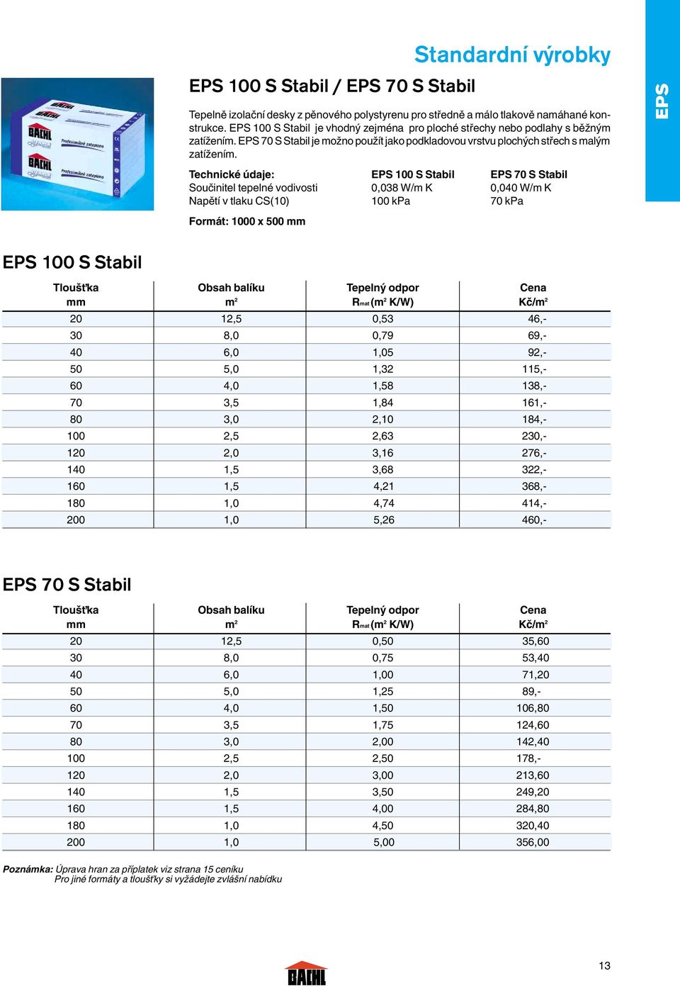 Technické údaje: EPS 100 S Stabil EPS 70 S Stabil Souãinitel tepelné vodivosti 0,038 W/m K 0,040 W/m K Napûtí v tlaku CS(10) 100 kpa 70 kpa Formát: 1000 x 500 mm EPS EPS 100 S Stabil Tlou Èka Obsah