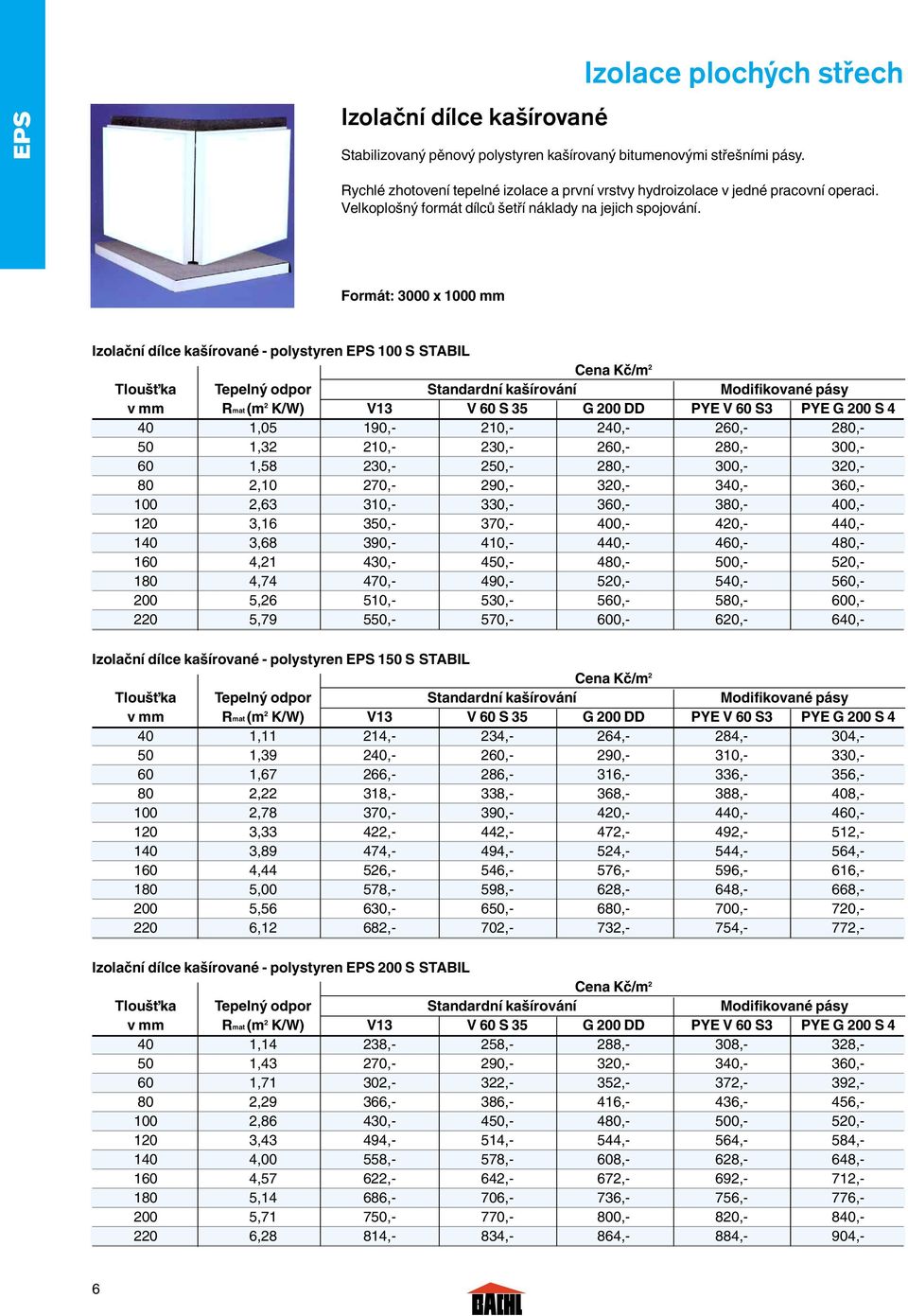 Formát: 3000 x 1000 mm Izolaãní dílce ka írované - polystyren EPS 100 S STABIL Cena Kã/m 2 Tlou Èka Tepeln odpor Standardní ka írování Modifikované pásy v mm Rmat (m 2 K/W) V13 V 60 S 35 G 200 DD PYE