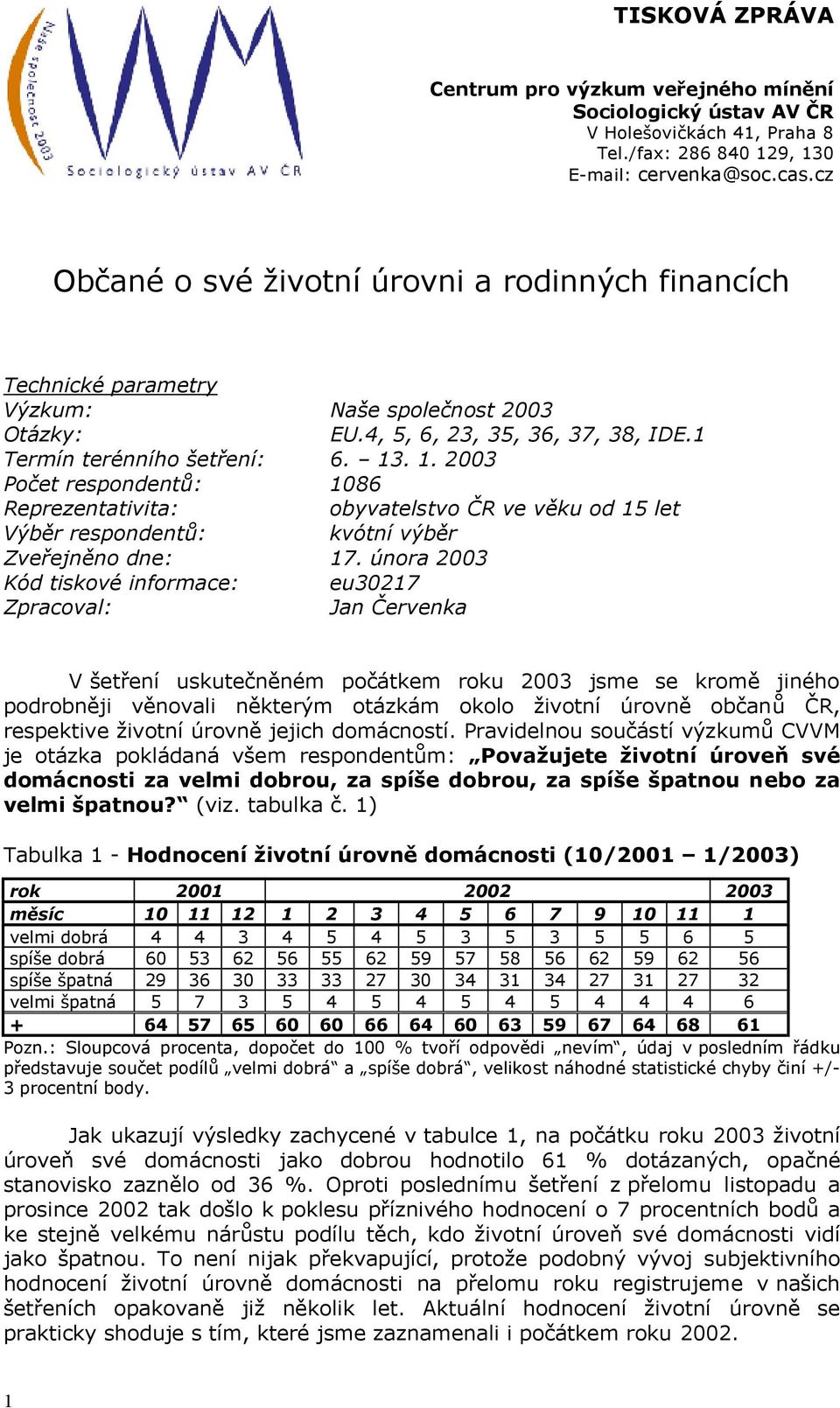 . 1. 2003 Počet respondentů: 1086 Reprezentativita: obyvatelstvo ČR ve věku od 15 let Výběr respondentů: kvótní výběr Zveřejněno dne: 17.