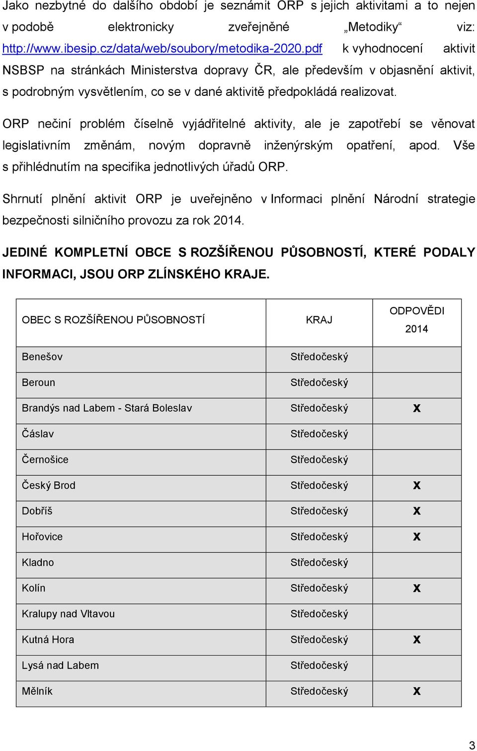 ORP nečiní problém číselně vyjádřitelné aktivity, ale je zapotřebí se věnovat legislativním změnám, novým dopravně inženýrským opatření, apod. Vše s přihlédnutím na specifika jednotlivých úřadů ORP.