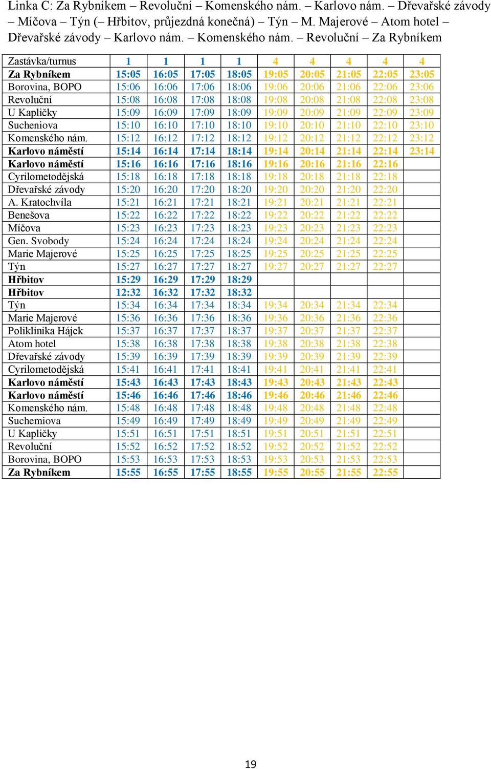 Revoluční Za Rybníkem Zastávka/turnus 1 1 1 1 4 4 4 4 4 Za Rybníkem 15:05 16:05 17:05 18:05 19:05 20:05 21:05 22:05 23:05 Borovina, BOPO 15:06 16:06 17:06 18:06 19:06 20:06 21:06 22:06 23:06