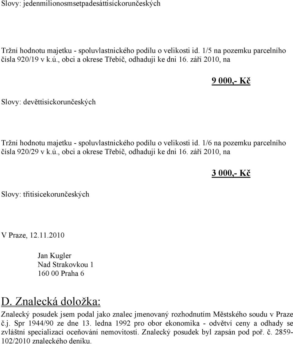 1/6 na pozemku parcelního čísla 920/29 v k.ú., obci a okrese Třebíč, odhaduji ke dni 16. září 2010, na Slovy: třitisícekorunčeských 3 000,- Kč V Praze, 12.11.