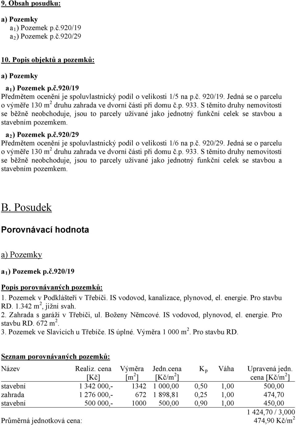 S těmito druhy nemovitostí se běžně neobchoduje, jsou to parcely užívané jako jednotný funkční celek se stavbou a stavebním pozemkem. a 2 ) Pozemek p.č.920/29 Předmětem ocenění je spoluvlastnický podíl o velikosti 1/6 na p.