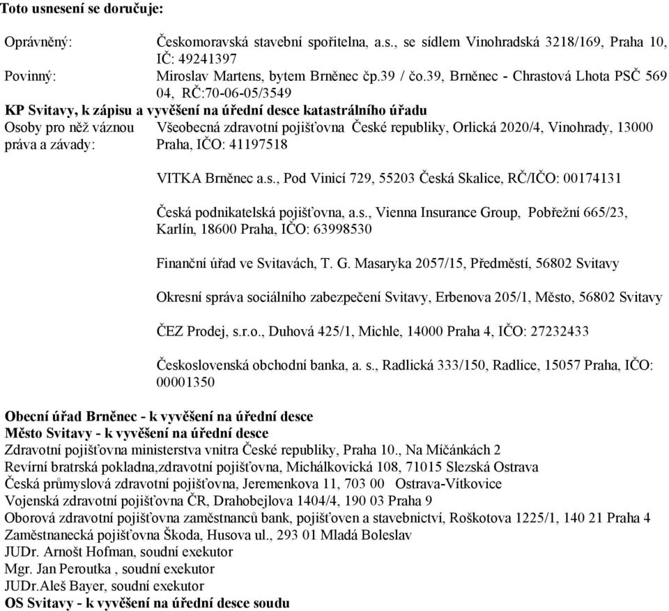 České republiky, Orlická 2020/4, Vinohrady, 13000 Praha, IČO: 41197518 VITKA Brněnec a.s., Pod Vinicí 729, 55203 Česká Skalice, RČ/IČO: 00174131 Česká podnikatelská pojišťovna, a.s., Vienna Insurance Group, Pobřežní 665/23, Karlín, 18600 Praha, IČO: 63998530 Finanční úřad ve Svitavách, T.