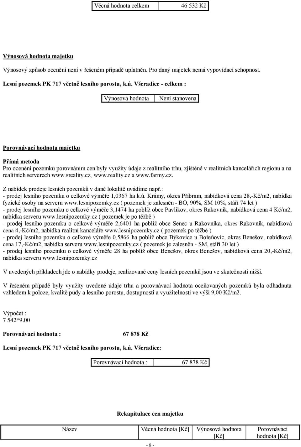 Všeradice - celkem : Výnosová hodnota Není stanovena Porovnávací hodnota majetku Přímá metoda Pro ocenění pozemků porovnáním cen byly využity údaje z realitního trhu, zjištěné v realitních