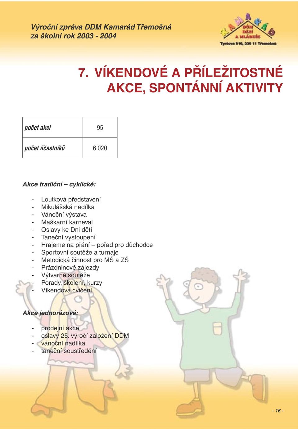 pořad pro důchodce - Sportovní soutěže a turnaje - Metodická činnost pro MŠ a ZŠ - Prázdninové zájezdy - Výtvarné soutěže - Porady,