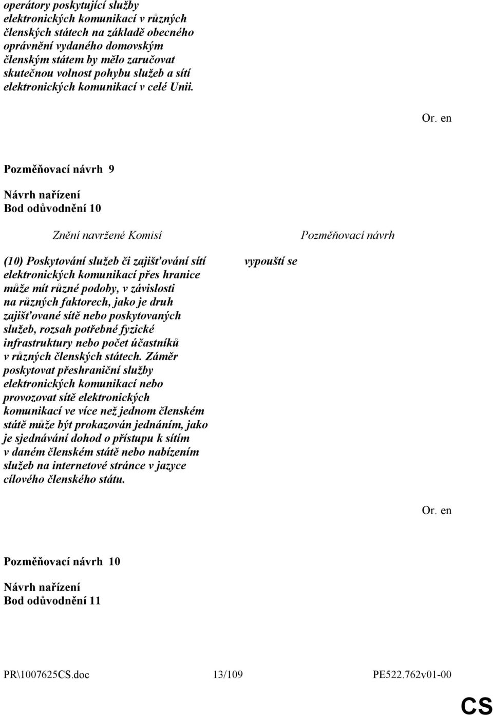 9 Bod odůvodnění 10 (10) Poskytování služeb či zajišťování sítí elektronických komunikací přes hranice může mít různé podoby, v závislosti na různých faktorech, jako je druh zajišťované sítě nebo