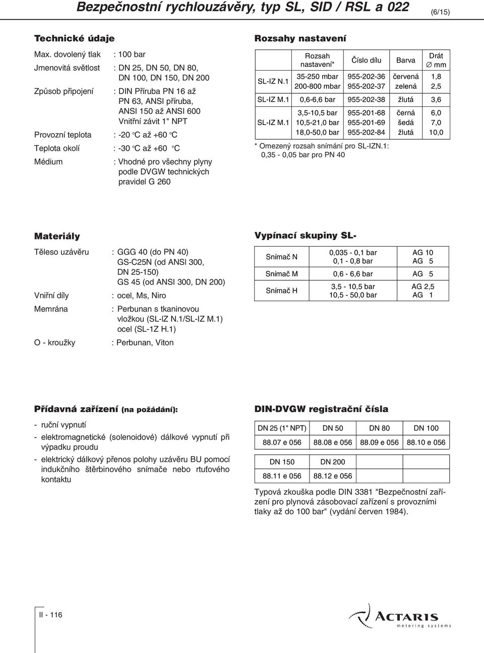 Provozní teplota : -20 o C až +60 o C Teplota okolí : -30 o C až +60 o C Médium : Vhodné pro všechny plyny podle DVGW technických pravidel G 260 Rozsahy nastavení SL-IZ N.