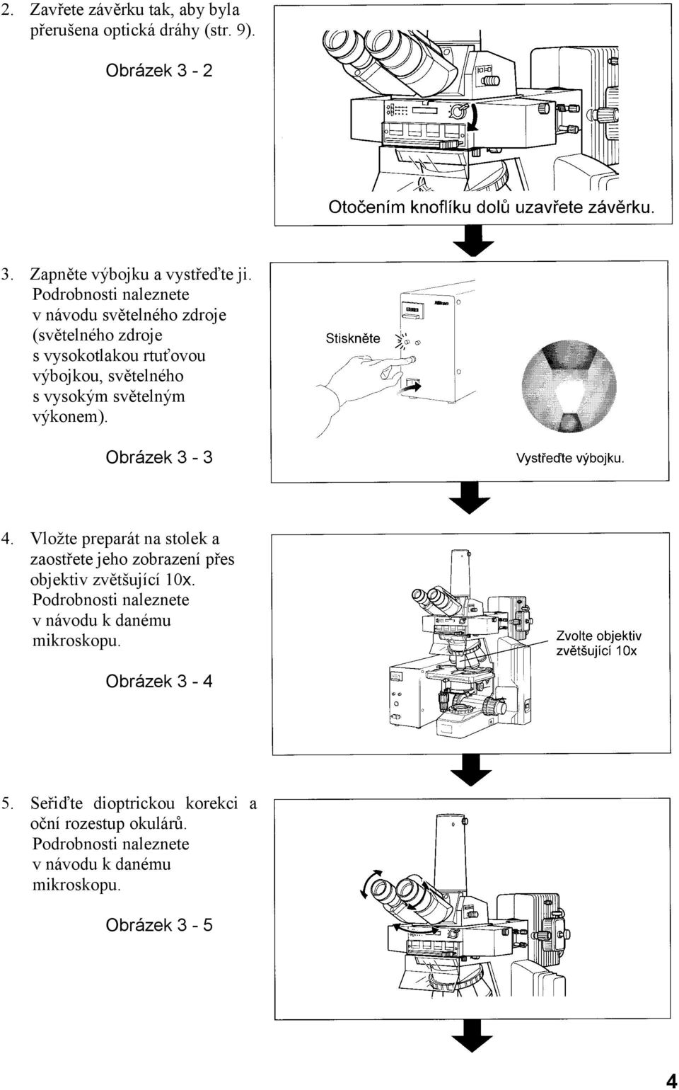 výkonem). Obrázek 3-3 4. Vložte preparát na stolek a zaostřete jeho zobrazení přes objektiv zvětšující 10x.