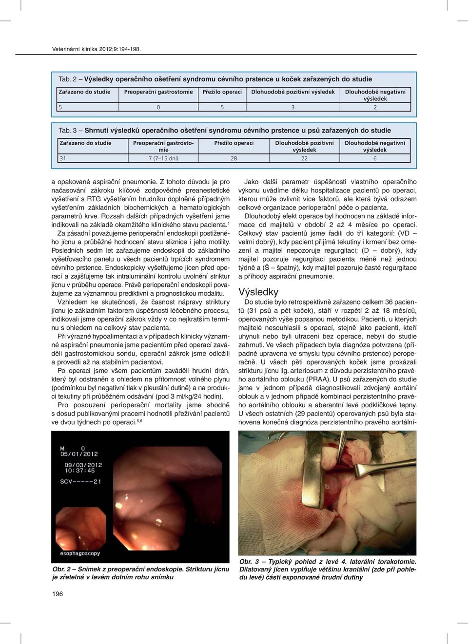 Tab. 3 Shrnutí výsledků operačního ošetření syndromu cévního prstence u psů zařazených do studie Zařazeno do studie Preoperační gastrostomie Přežilo operaci Dlouhodobě pozitivní Dlouhodobě negativní