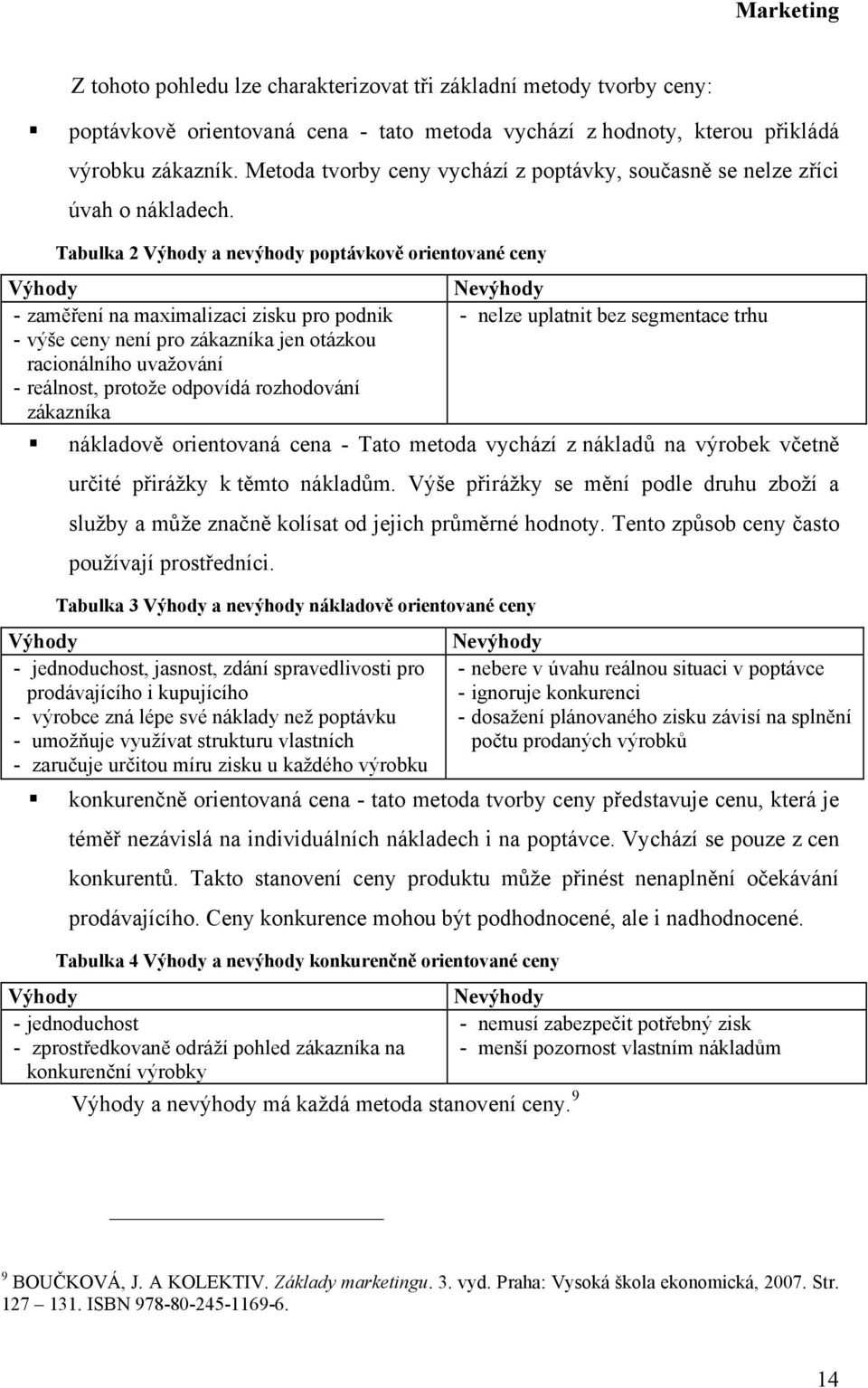 Tabulka 2 Výhody a nevýhody poptávkově orientované ceny Výhody Nevýhody - zaměření na maximalizaci zisku pro podnik - nelze uplatnit bez segmentace trhu - výše ceny není pro zákazníka jen otázkou