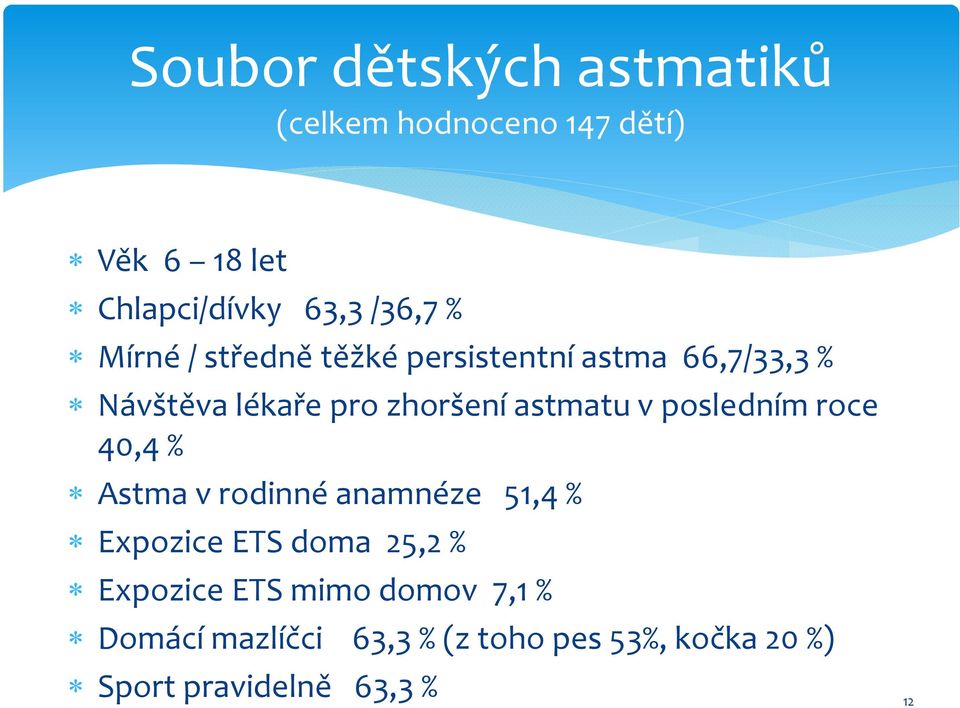 posledním roce 40,4 % Astma v rodinné anamnéze 51,4 % Expozice ETS doma 25,2 % Expozice ETS