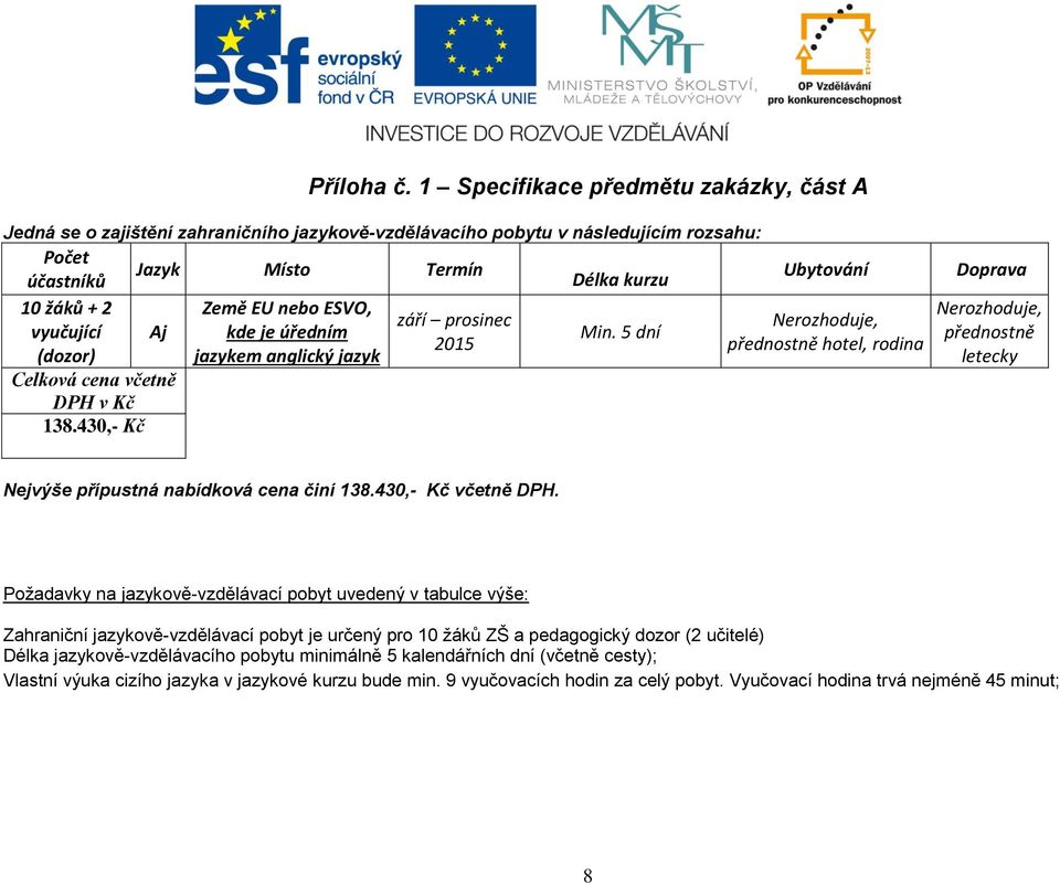 ESVO, září prosinec vyučující Aj kde je úředním Min. 5 dní 2015 (dozor) jazykem anglický jazyk Celková cena včetně DPH v Kč 138.