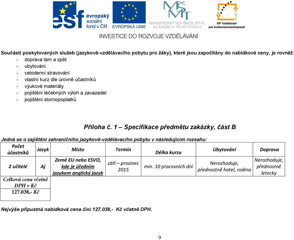 1 Specifikace předmětu zakázky, část B Jedná se o zajištění zahraničního jazykově-vzdělávacího pobytu v následujícím rozsahu: Počet Jazyk Místo Termín účastníků Délka kurzu Země EU nebo ESVO, září