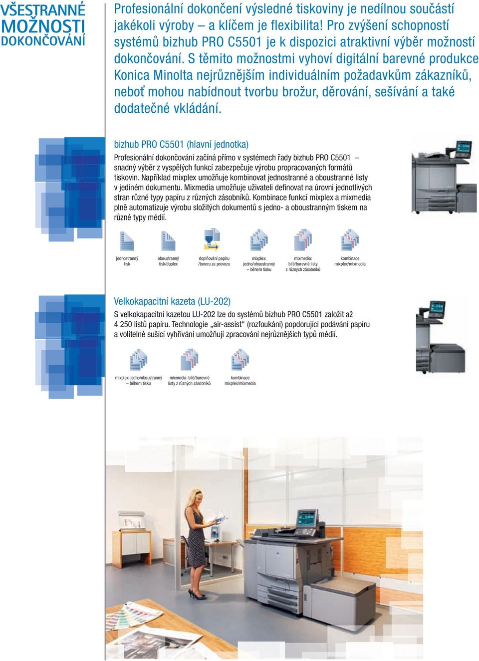 S těmito možnostmi vyhoví digitální barevné produkce Konica Minolta nejrůznějším individuálním požadavkům zákazníků, neboť mohou nabídnout tvorbu brožur, děrování, sešívání a také dodatečné vkládání.