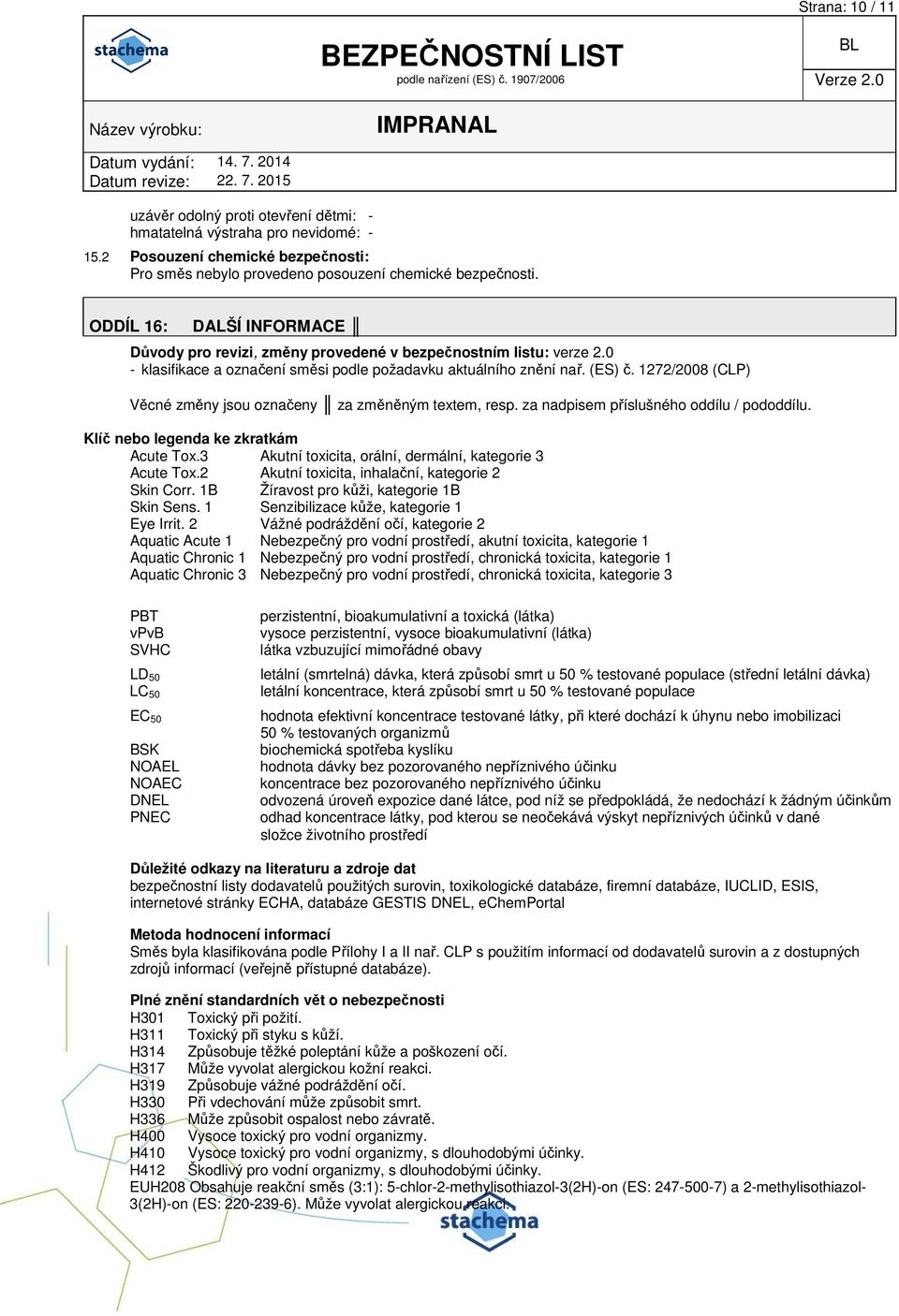 1272/2008 (CLP) Věcné změny jsou označeny za změněným textem, resp. za nadpisem příslušného oddílu / pododdílu. Klíč nebo legenda ke zkratkám Acute Tox.