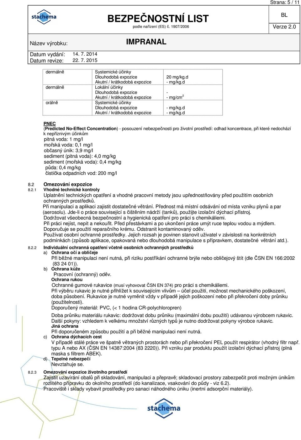 d PNEC (Predicted No-Effect Concentration) - posouzení nebezpečnosti pro životní prostředí: odhad koncentrace, při které nedochází k nepříznivým účinkům pitná voda: 1 mg/l mořská voda: 0,1 mg/l