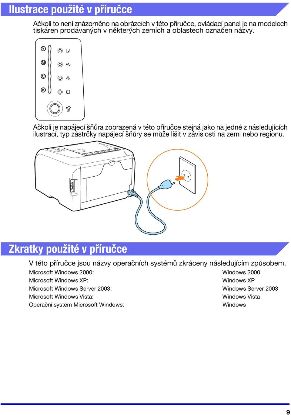 Ačkoli je napájecí šňůra zobrazená v této příručce stejná jako na jedné z následujících ilustrací, typ zástrčky napájecí šňůry se může lišit v závislosti na zemi nebo