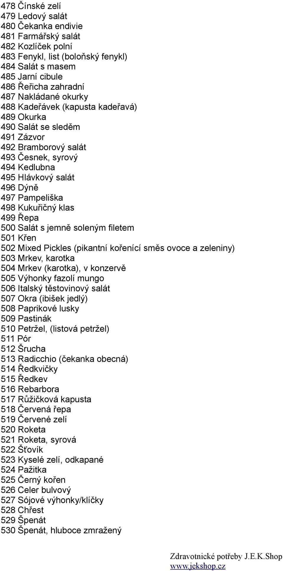 499 Řepa 500 Salát s jemně soleným filetem 501 Křen 502 Mixed Pickles (pikantní kořenící směs ovoce a zeleniny) 503 Mrkev, karotka 504 Mrkev (karotka), v konzervě 505 Výhonky fazolí mungo 506 Italský