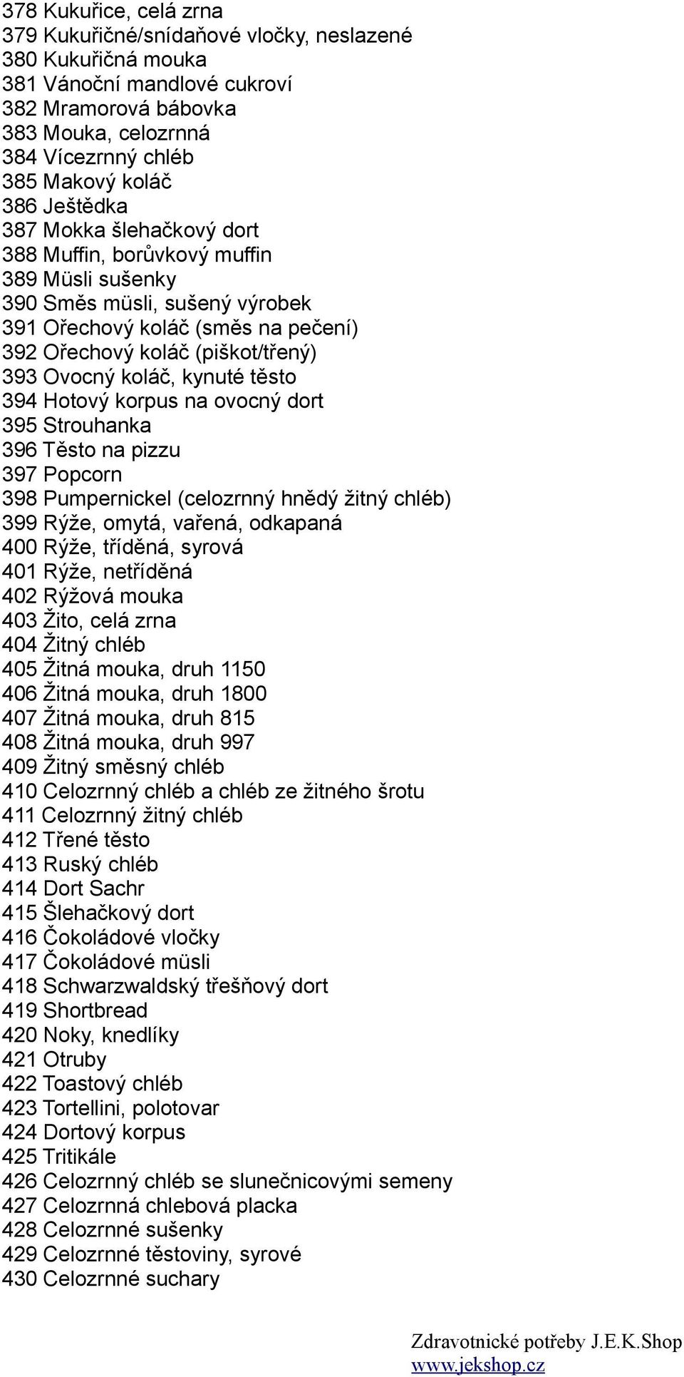 koláč, kynuté těsto 394 Hotový korpus na ovocný dort 395 Strouhanka 396 Těsto na pizzu 397 Popcorn 398 Pumpernickel (celozrnný hnědý žitný chléb) 399 Rýže, omytá, vařená, odkapaná 400 Rýže, tříděná,