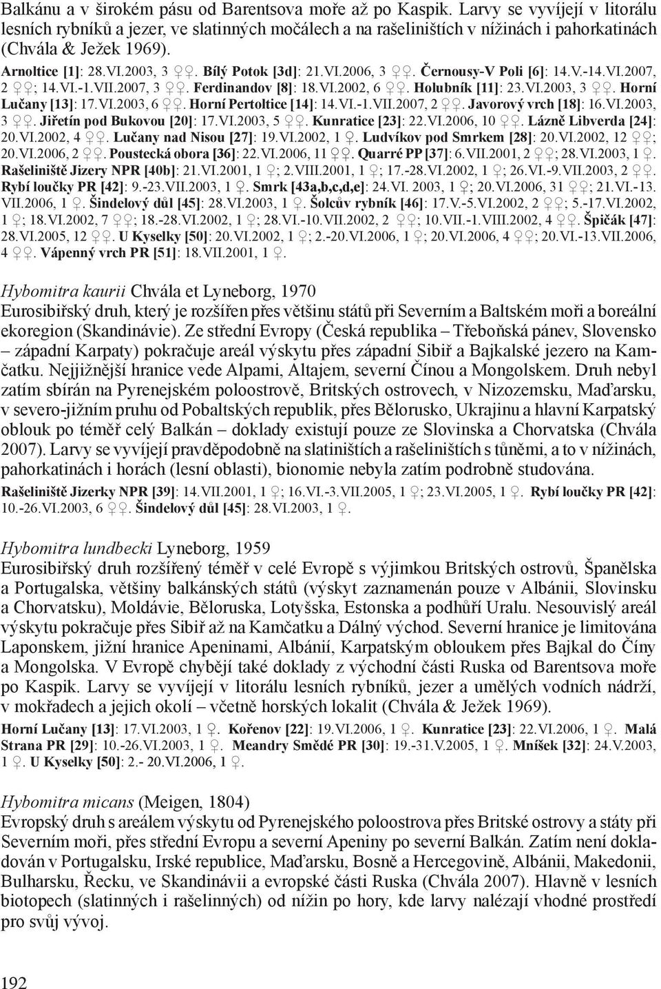 Černousy-V Poli [6]: 14.V.-14.VI.2007, 2 ; 14.VI.-1.VII.2007, 3. Ferdinandov [8]: 18.VI.2002, 6. Holubník [11]: 23.VI.2003, 3. Horní Lučany [13]: 17.VI.2003, 6. Horní Pertoltice [14]: 14.VI.-1.VII.2007, 2. Javorový vrch [18]: 16.