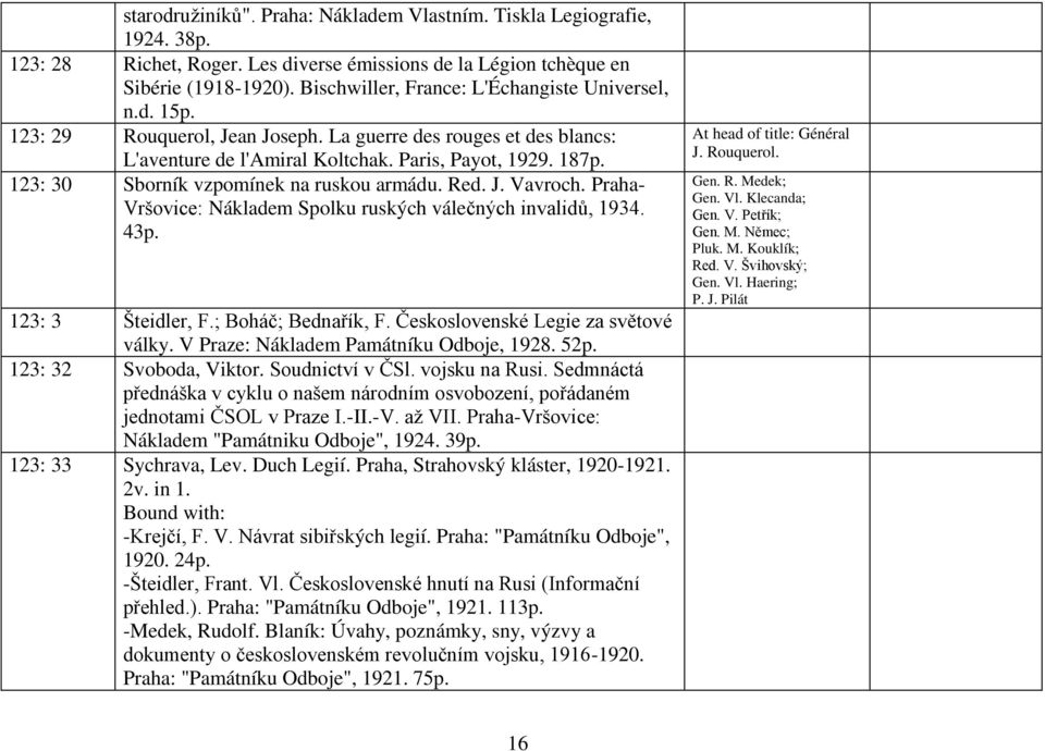 123: 30 Sborník vzpomínek na ruskou armádu. Red. J. Vavroch. Praha- Vršovice: Nákladem Spolku ruských válečných invalidů, 1934. 43p. 123: 3 Šteidler, F.; Boháč; Bednařík, F.