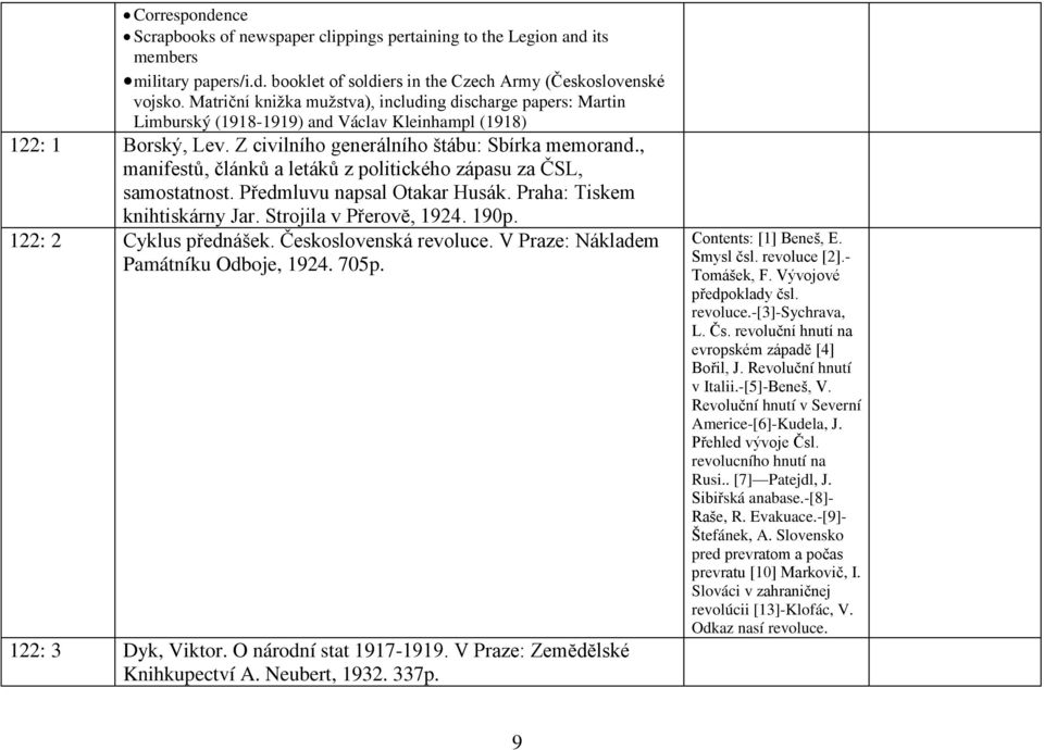 , manifestů, článků a letáků z politického zápasu za ČSL, samostatnost. Předmluvu napsal Otakar Husák. Praha: Tiskem knihtiskárny Jar. Strojila v Přerovĕ, 1924. 190p. 122: 2 Cyklus přednášek.