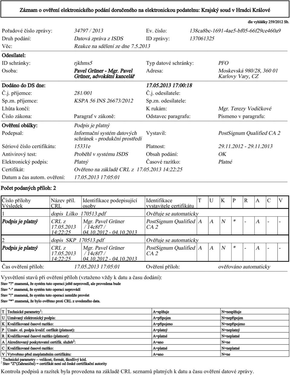 Pavel Adresa: Moskevská 980/28, 360 01 Grüner, advokátní kancelář Karlovy Vary, CZ Dodáno do DS dne: 17.05.2013 17:00:18 Č.j. příjemce: 281/001 Č.j. odesílatele: Sp.zn.