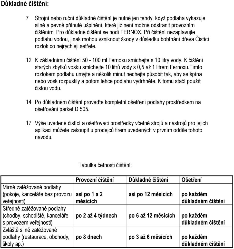 12 K základnímu čištění 50-100 ml Fernoxu smíchejte s 10 litry vody. K čištění starých zbytků vosku smíchejte 10 litrů vody s 0,5 až 1 litrem Fernoxu.