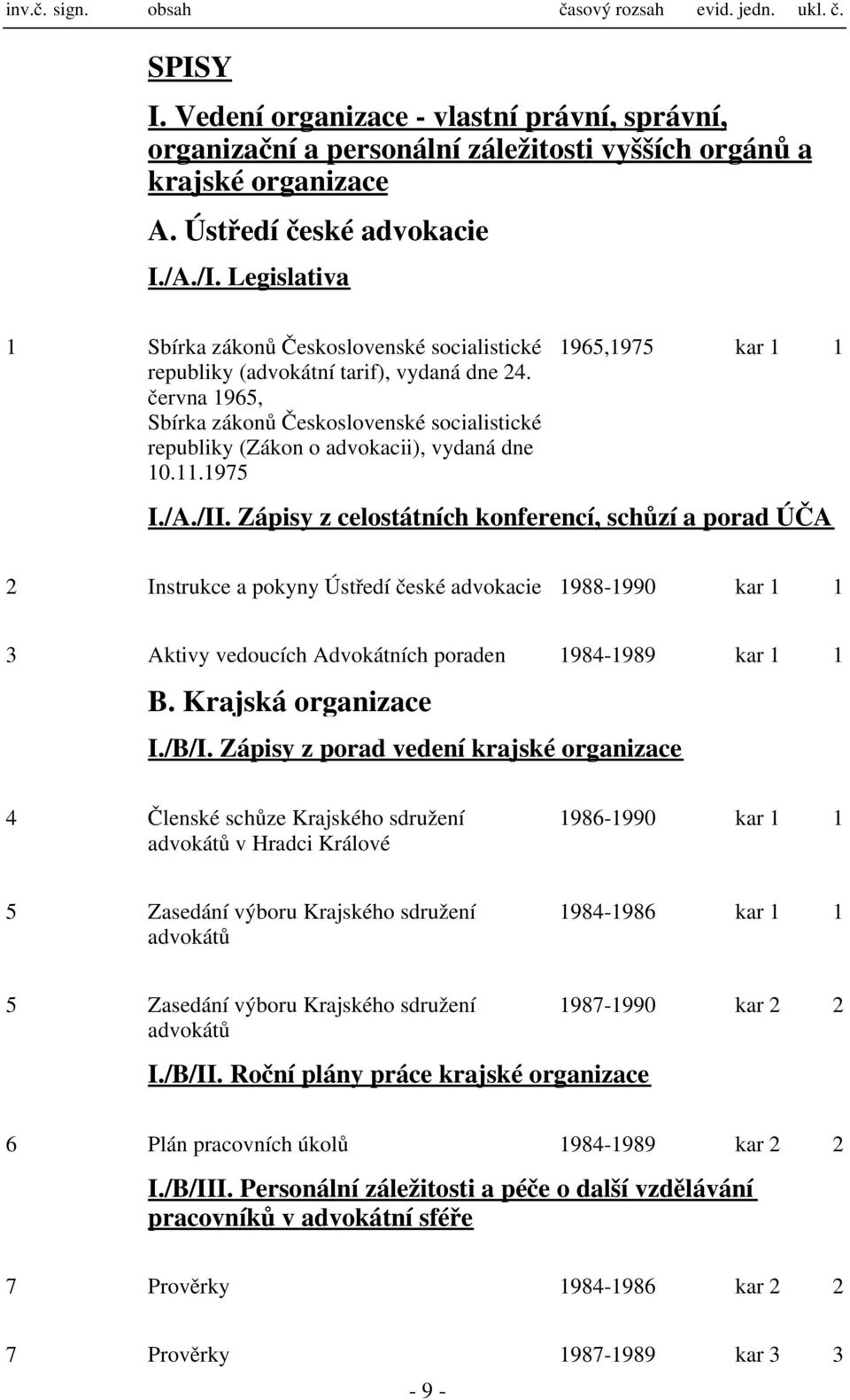 června 1965, Sbírka zákonů Československé socialistické republiky (Zákon o advokacii), vydaná dne 10.11.1975 1965,1975 kar 1 1 I./A./II.