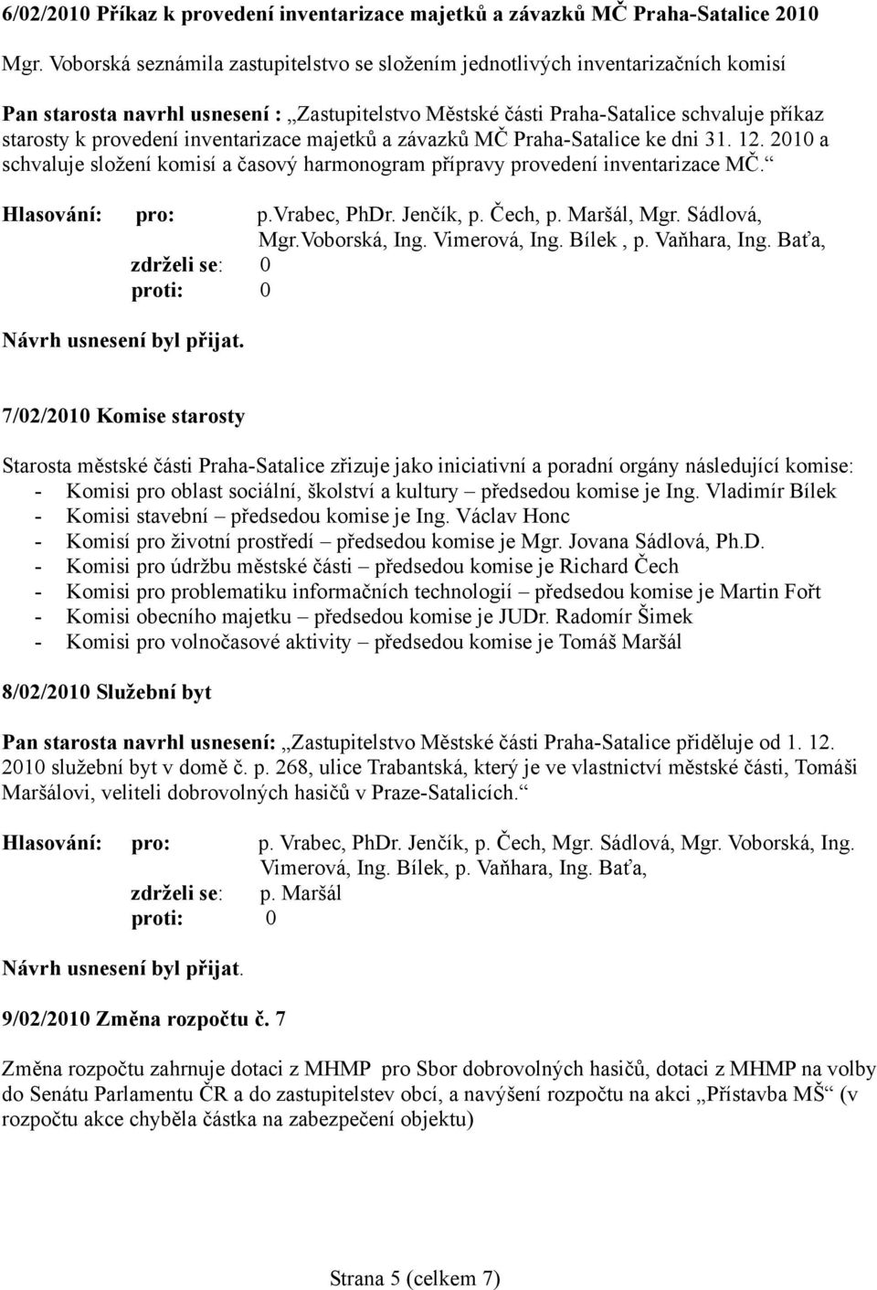 inventarizace majetků a závazků MČ Praha-Satalice ke dni 31. 12. 2010 a schvaluje složení komisí a časový harmonogram přípravy provedení inventarizace MČ. Hlasování: pro: p.vrabec, PhDr. Jenčík, p.