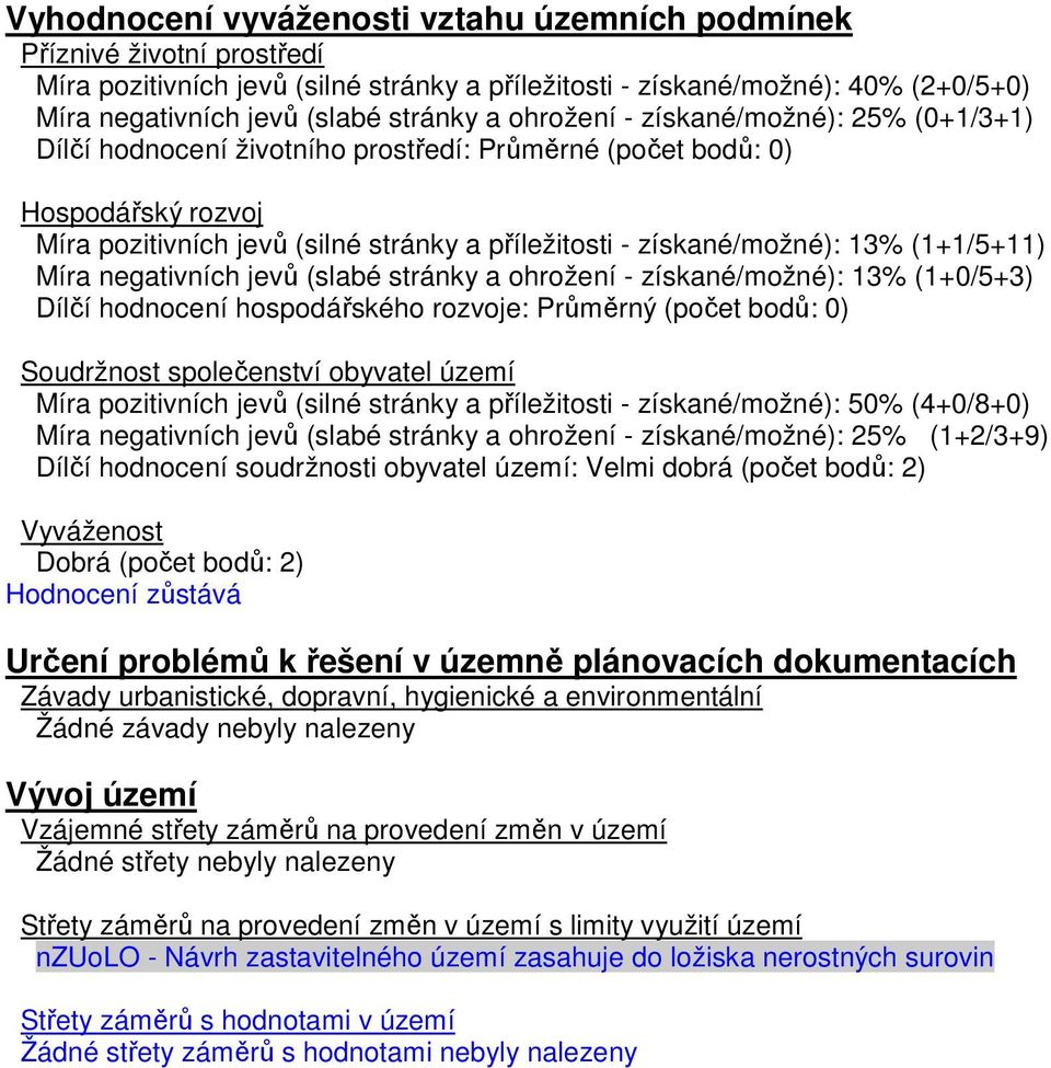 (1+1/5+11) Míra negativních jevů (slabé stránky a ohrožení - získané/možné): 13% (1+0/5+3) Dílčí hodnocení hospodářského rozvoje: Průměrný (počet bodů: 0) Soudržnost společenství obyvatel území Míra