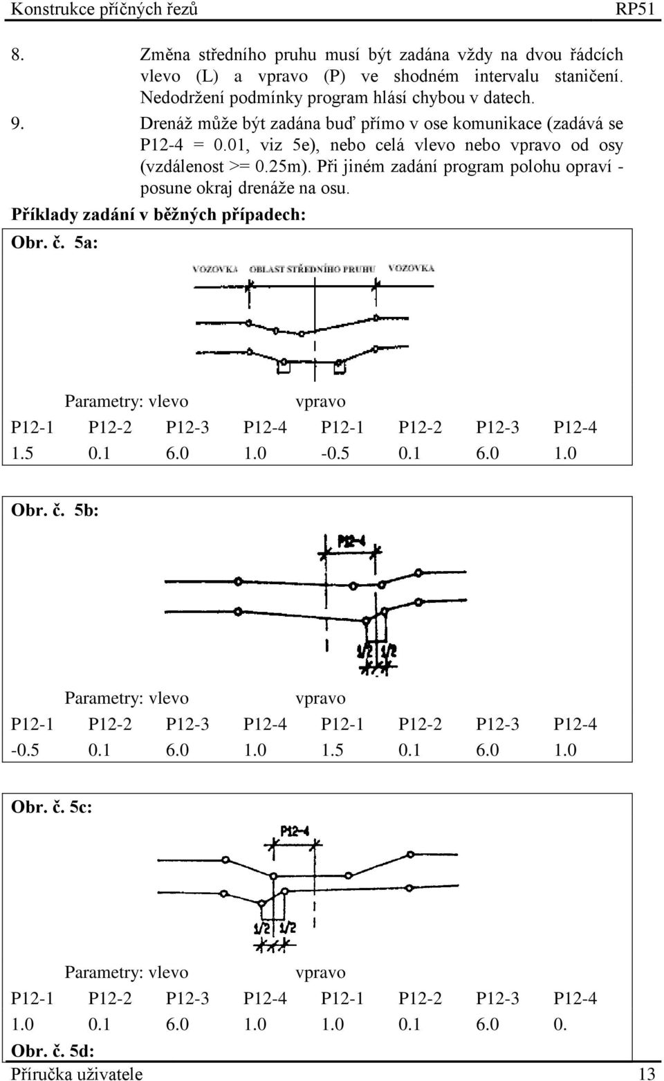 Při jiném zadání program polohu opraví - posune okraj drenáže na osu. Příklady zadání v běžných případech: Obr. č. 5a: Parametry: vlevo vpravo P12-1 P12-2 P12-3 P12-4 P12-1 P12-2 P12-3 P12-4 1.5 0.