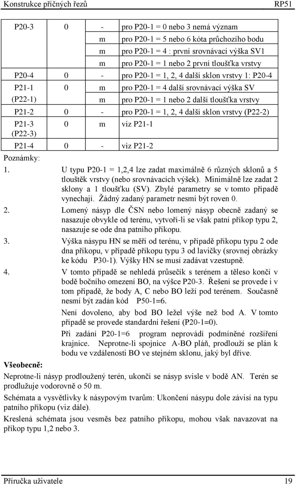 (P22-2) P21-3 (P22-3) 0 m viz P21-1 P21-4 0 - viz P21-2 Poznámky: 1. U typu P20-1 = 1,2,4 lze zadat maximálně 6 různých sklonů a 5 tlouštěk vrstvy (nebo srovnávacích výšek).