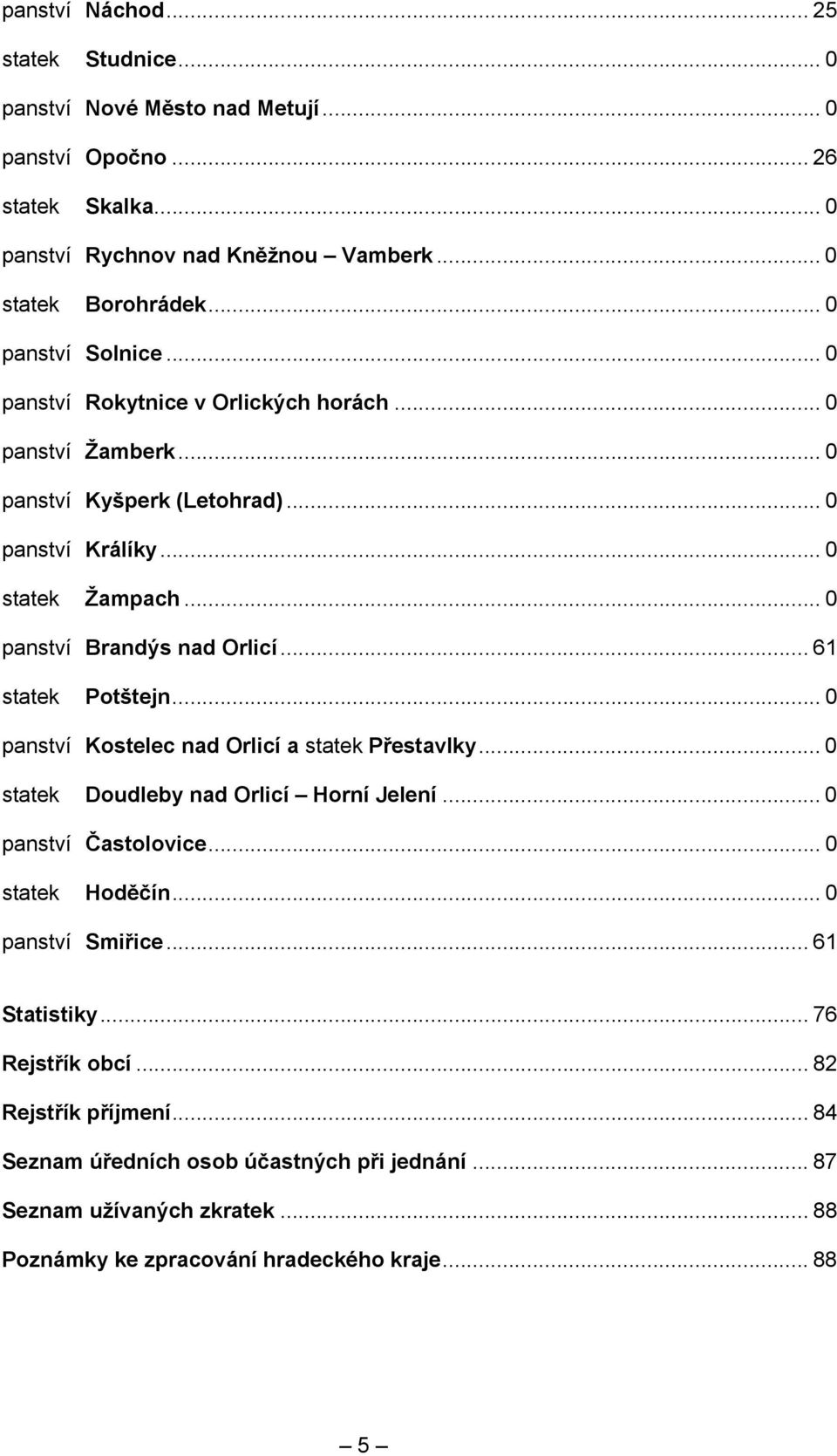 .. 61 statek Potštejn... 0 panství Kostelec nad Orlicí a statek Přestavlky... 0 statek Doudleby nad Orlicí Horní Jelení... 0 panství Častolovice... 0 statek Hoděčín... 0 panství Smiřice.