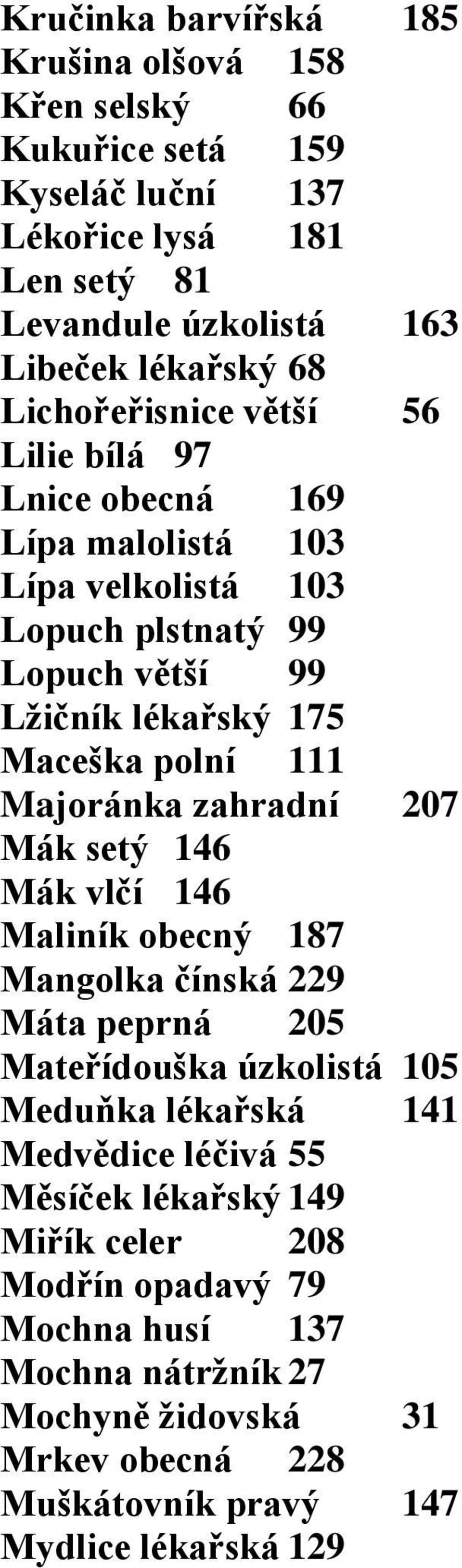 Majoránka zahradní 207 Mák setý 146 Mák vlčí 146 Maliník obecný 187 Mangolka čínská 229 Máta peprná 205 Mateřídouška úzkolistá 105 Meduňka lékařská 141 Medvědice léčivá