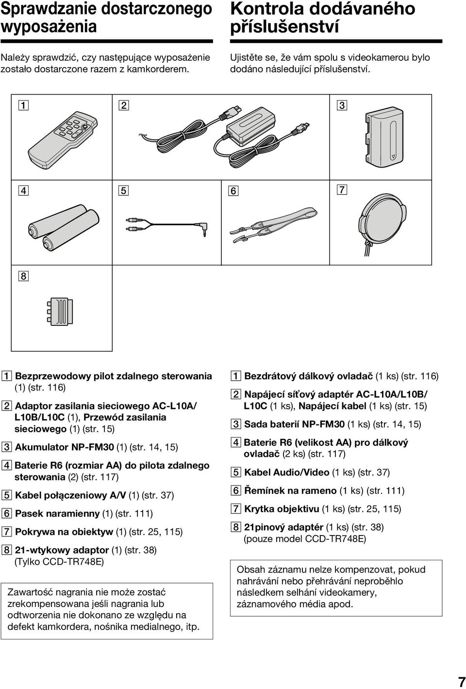 1 2 3 4 5 6 7 Przygotowanie Začínáme 8 1 Bezprzewodowy pilot zdalnego sterowania (1) (str. 116) 2 Adaptor zasilania sieciowego AC-L10A/ L10B/L10C (1), Przewód zasilania sieciowego (1) (str.