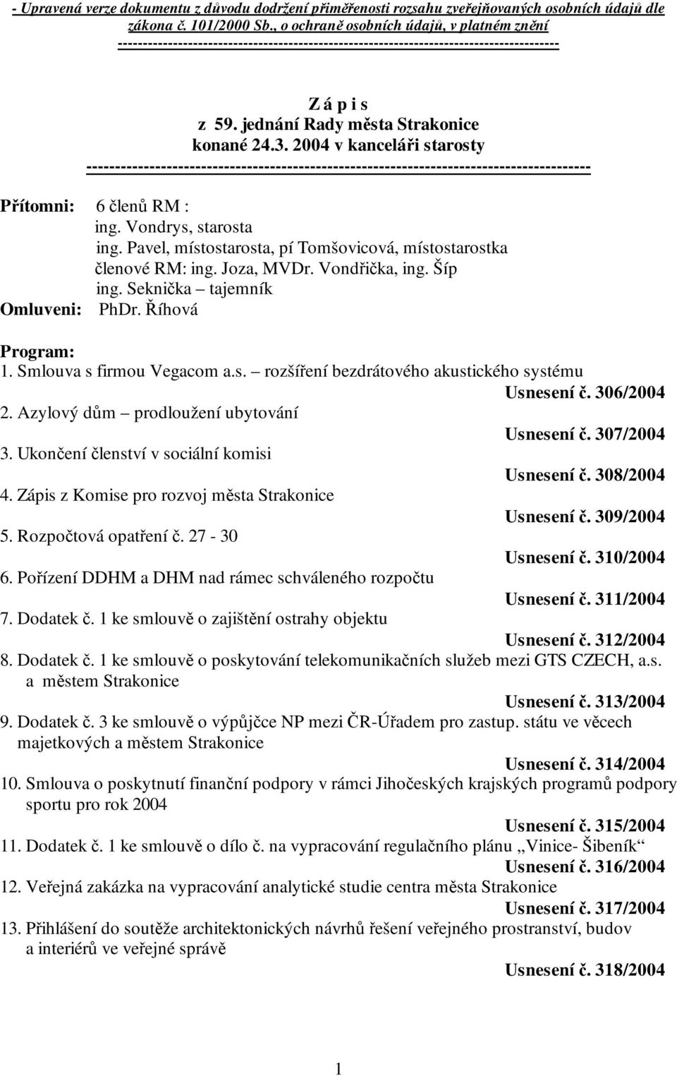 2004 v kanceláři starosty ---------------------------------------------------------------------------------------- Přítomni: 6 členů RM : ing. Vondrys, starosta ing.