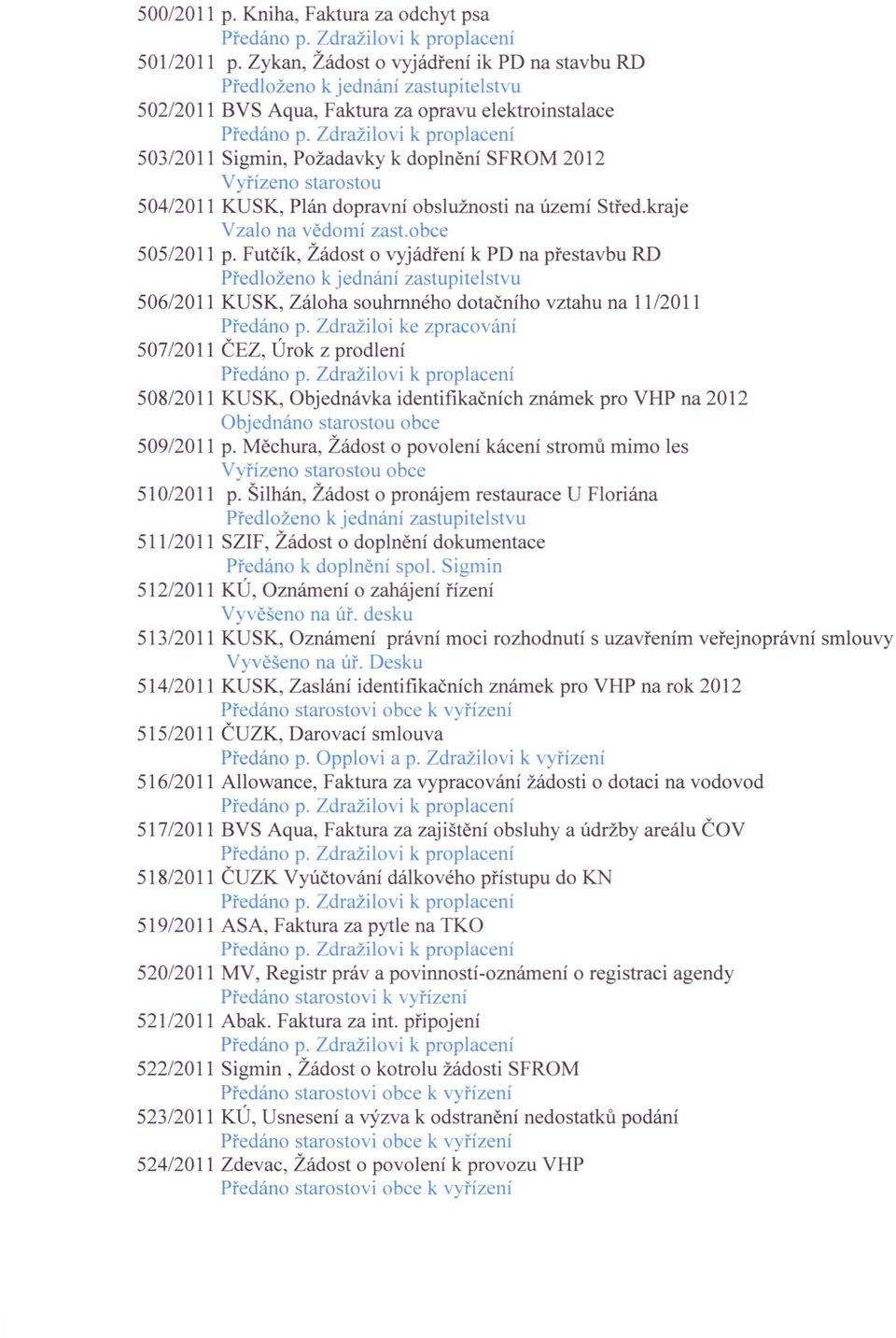 obslužnosti na území Střed.kraje Vzalo na vědomí zast.obce 50512011 p. Futčík, Žádost o vyjádření k PD na přestavbu RD 506/2011 KUSK, Záloha souhrnného dotačního vztahu na 11/2011 Předáno p.