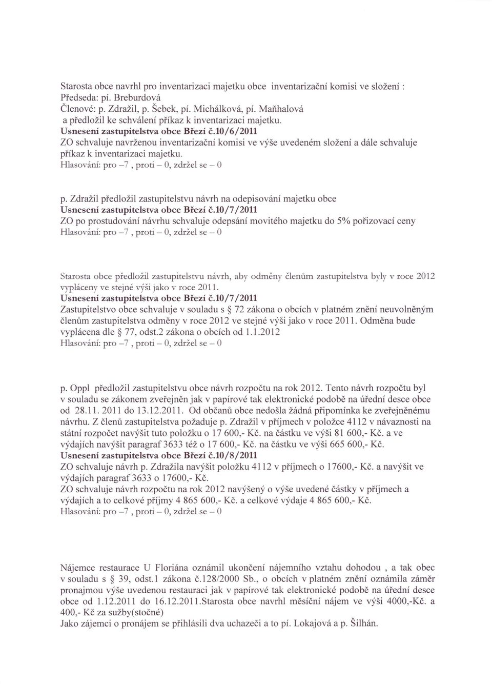 l0/6/2011 ZO schvaluje navrženou inventarizační komisi ve výše uvedeném složení a dále schvaluje př