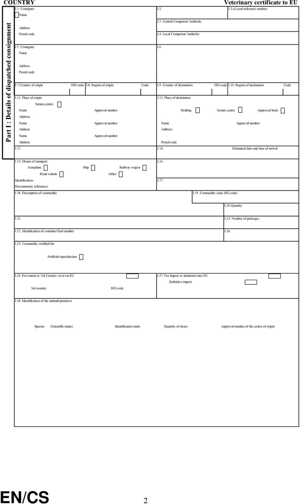 Place of origin I.12. Place of destination Semen centre Name Approval number Holding Semen centre Approved body Name Approval number Name Approval number Name Approval number Postal code I.13. I.14.