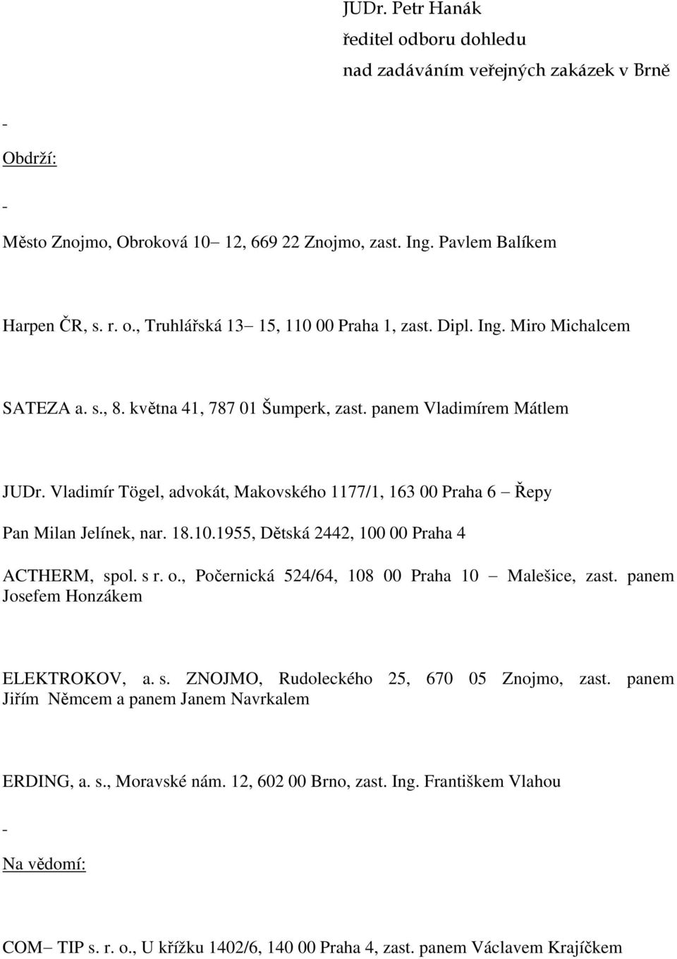 1955, Dětská 2442, 100 00 Praha 4 ACTHERM, spol. s r. o., Počernická 524/64, 108 00 Praha 10 Malešice, zast. panem Josefem Honzákem ELEKTROKOV, a. s. ZNOJMO, Rudoleckého 25, 670 05 Znojmo, zast.