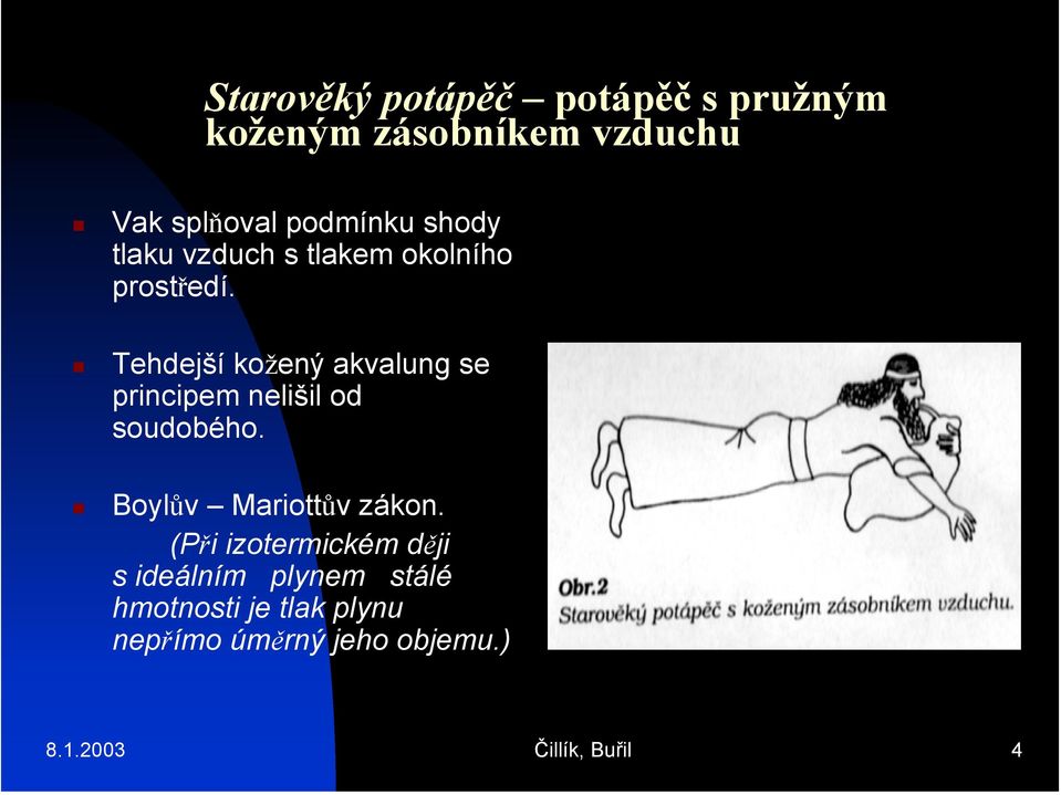 Tehdejší kožený akvalung se principem nelišil od soudobého. Boylův Mariottův zákon.